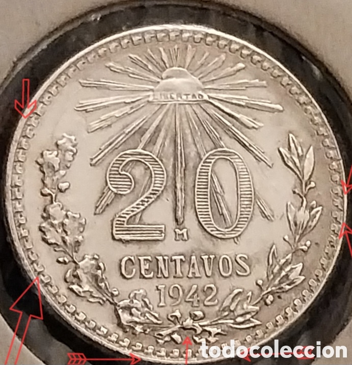 Monedas con errores: 20 Centavos ERRORES M&eacute;xico 1942 - Foto 2