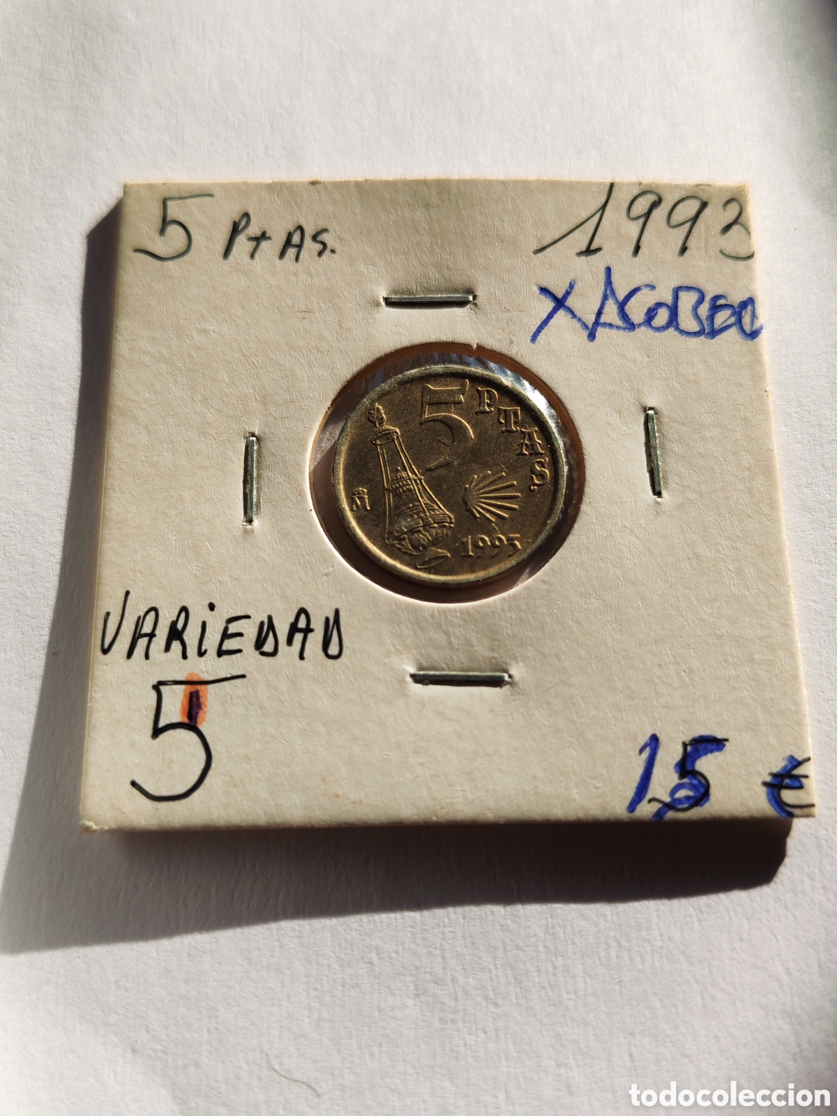 Monedas con errores: Espa&ntilde;a. 5 pesetas 1993. Xacobeo. Variante cu&ntilde;o 5 - Foto 1