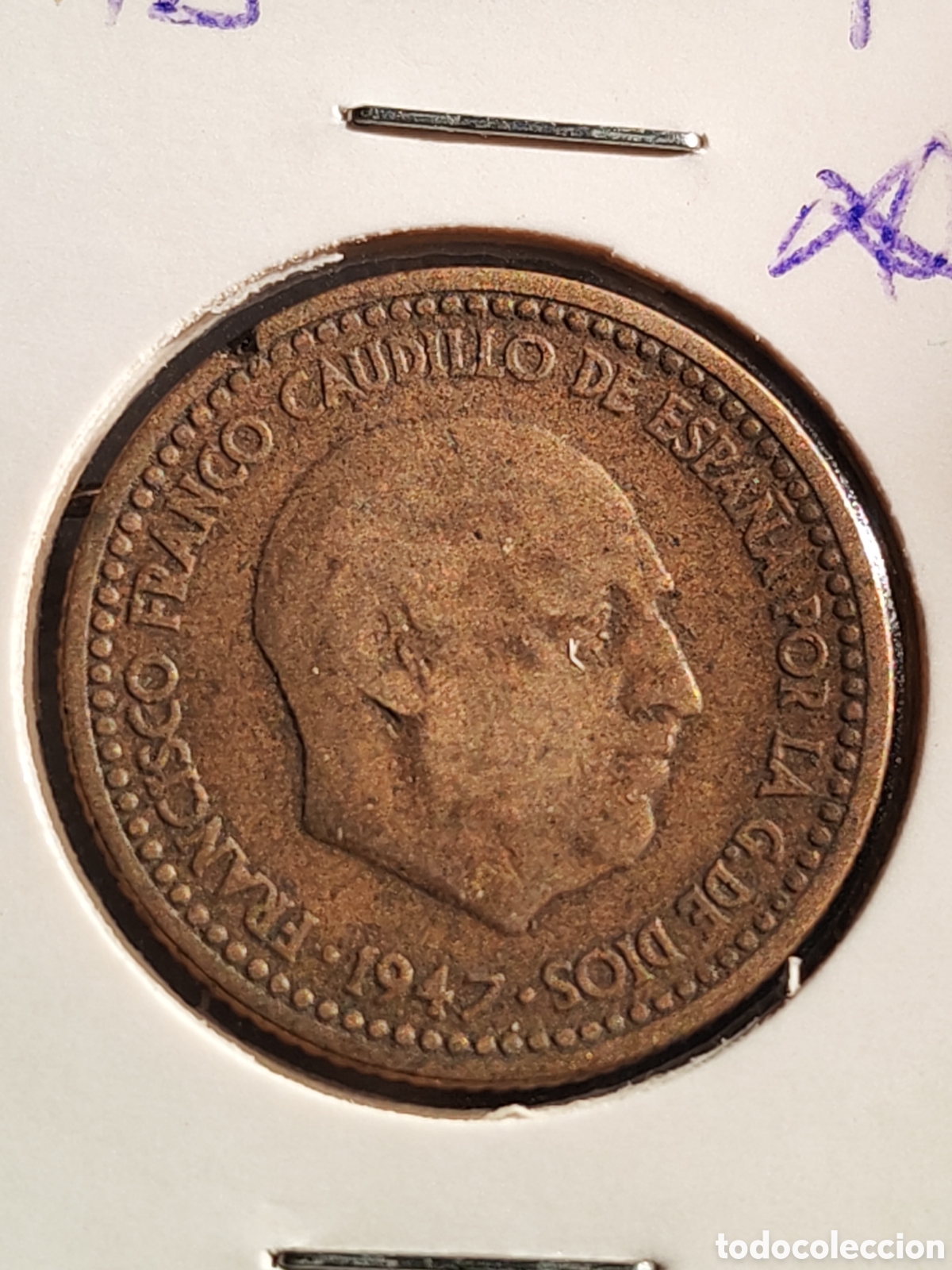 Monedas con errores: Espa&ntilde;a. 1 Una peseta 1947 *49 error troquel roto - Foto 3