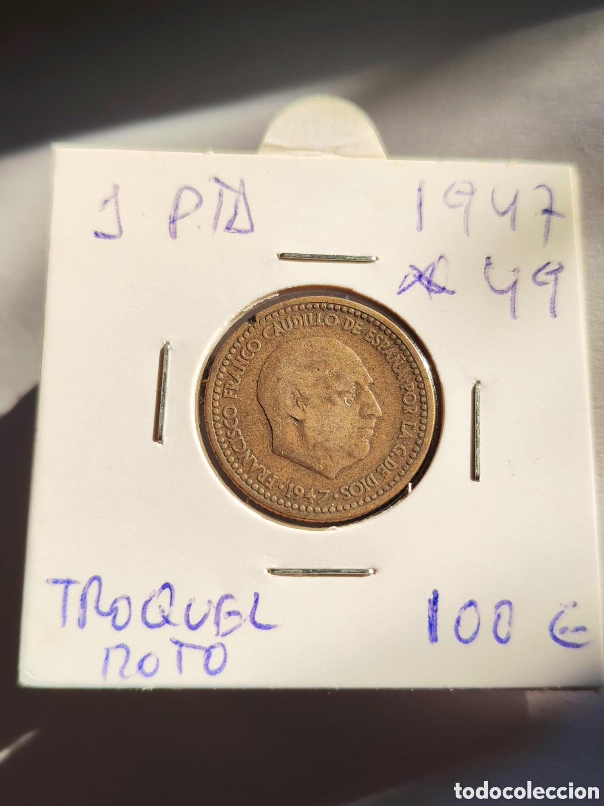 Monedas con errores: Espa&ntilde;a. 1 Una peseta 1947 *49 error troquel roto - Foto 1