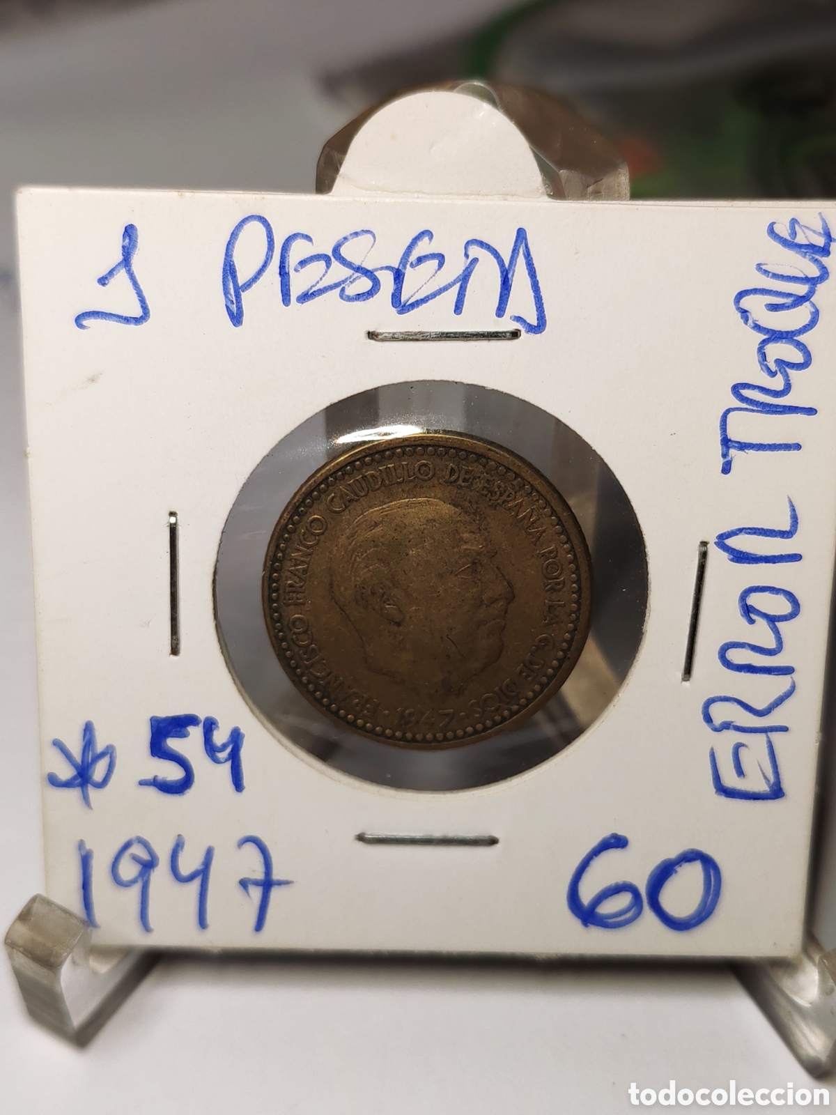 Monedas con errores: Espa&ntilde;a. 1 peseta.1947 *54 . Error troquel . Francisco Franco - Foto 1
