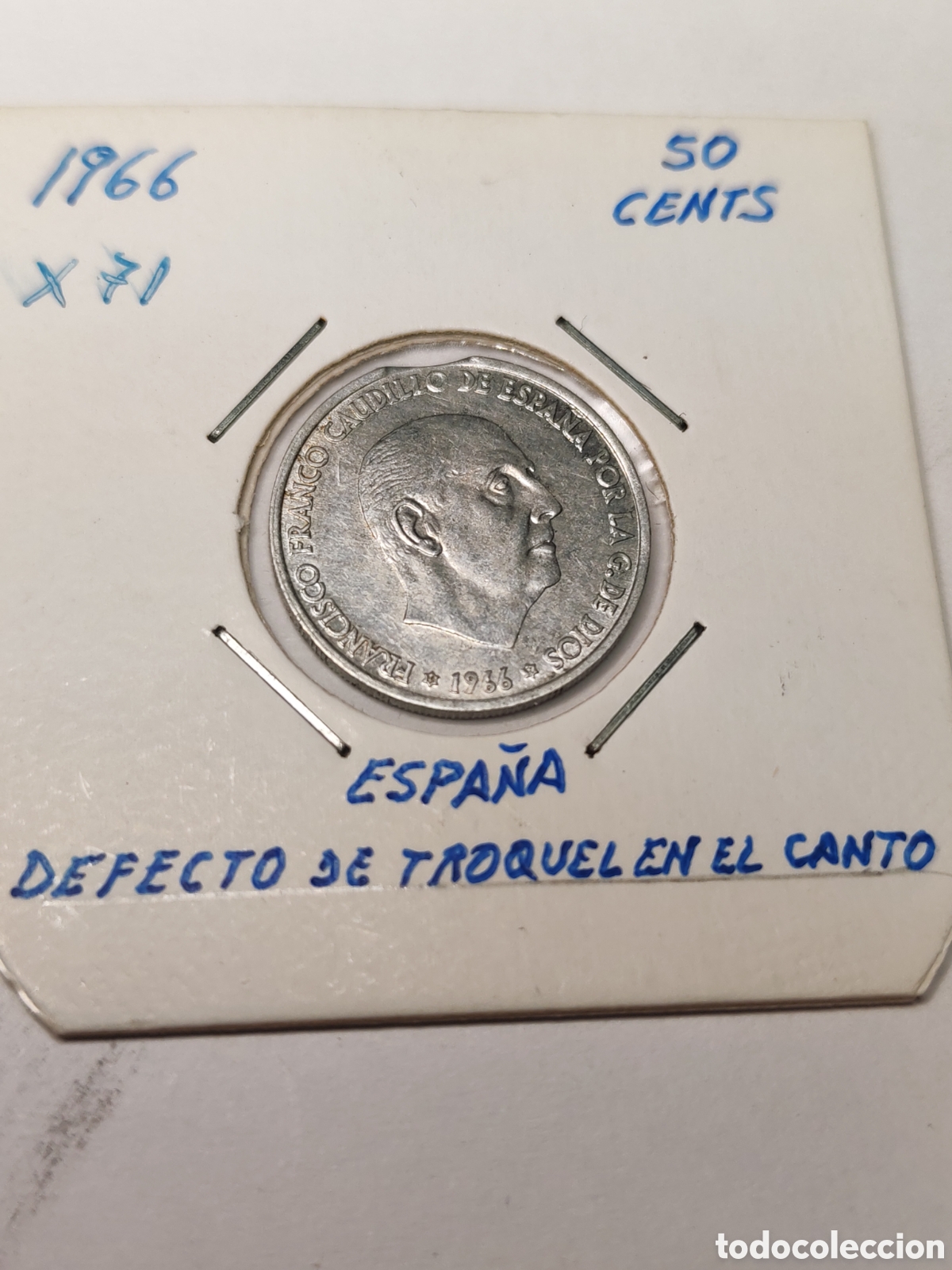 Monedas con errores: Espa&ntilde;a. 50 centimos. 1966 *71. Error .Defecto troquel en el canto . Segmentada .SC sin circular - Foto 1