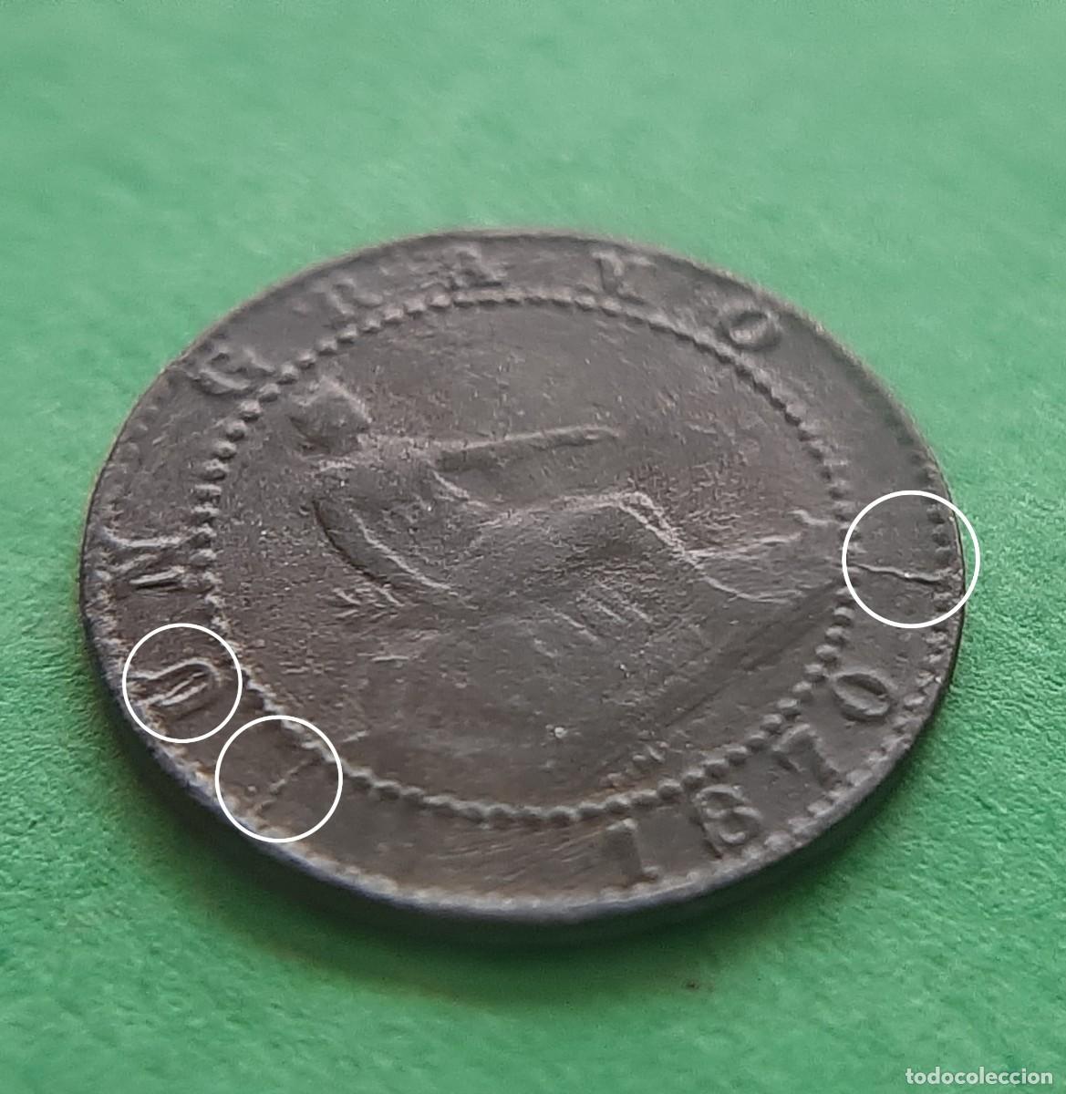 Monedas con errores: (ESPA&Ntilde;A-ERROR)(1870(COBRE) 1 C&Eacute;NTIMO CON VARIAS ROTURAS DE CU&Ntilde;O - Foto 1