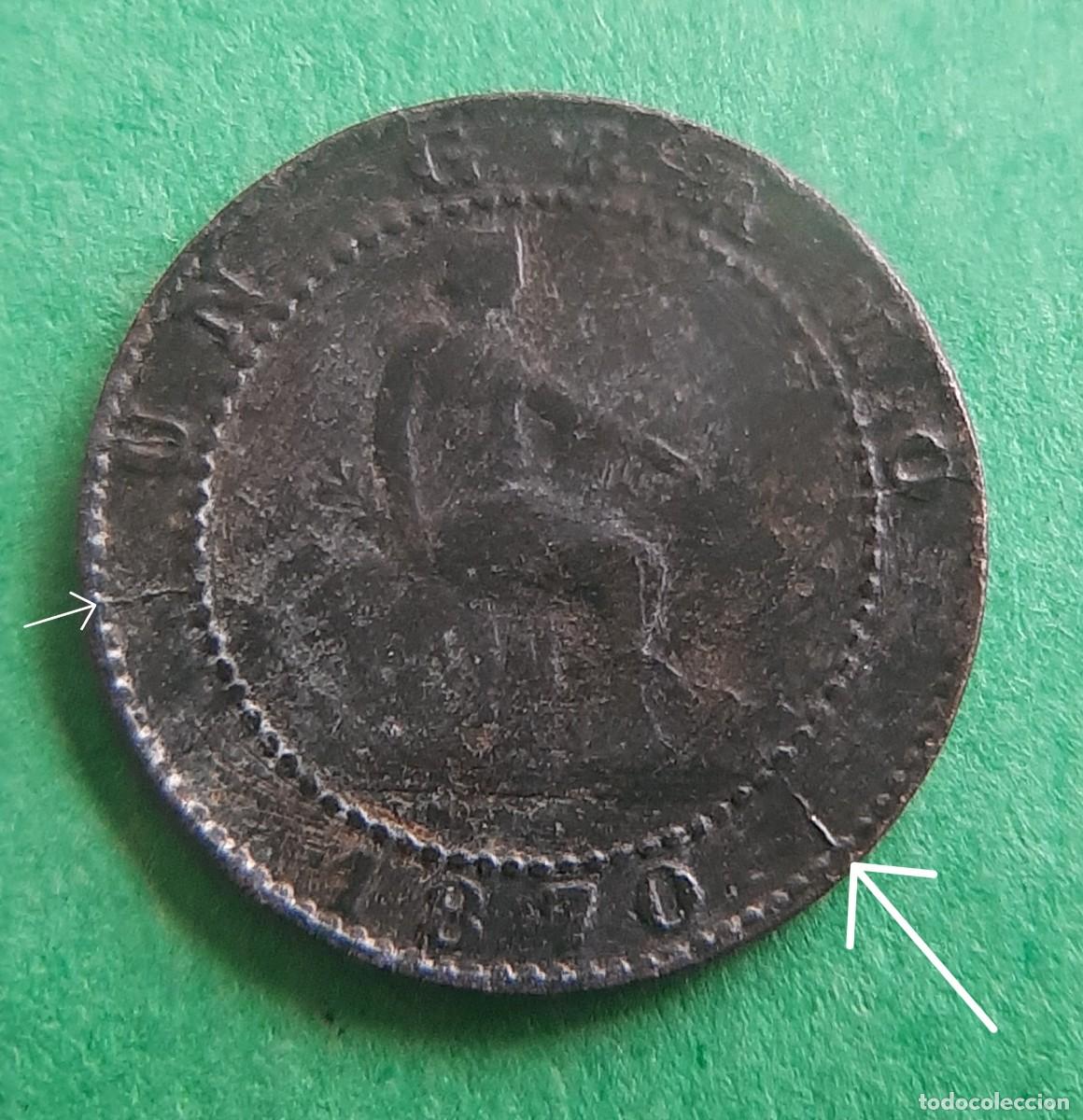 Monedas con errores: (ESPA&Ntilde;A-ERROR)(1870(COBRE) 1 C&Eacute;NTIMO CON VARIAS ROTURAS DE CU&Ntilde;O - Foto 2