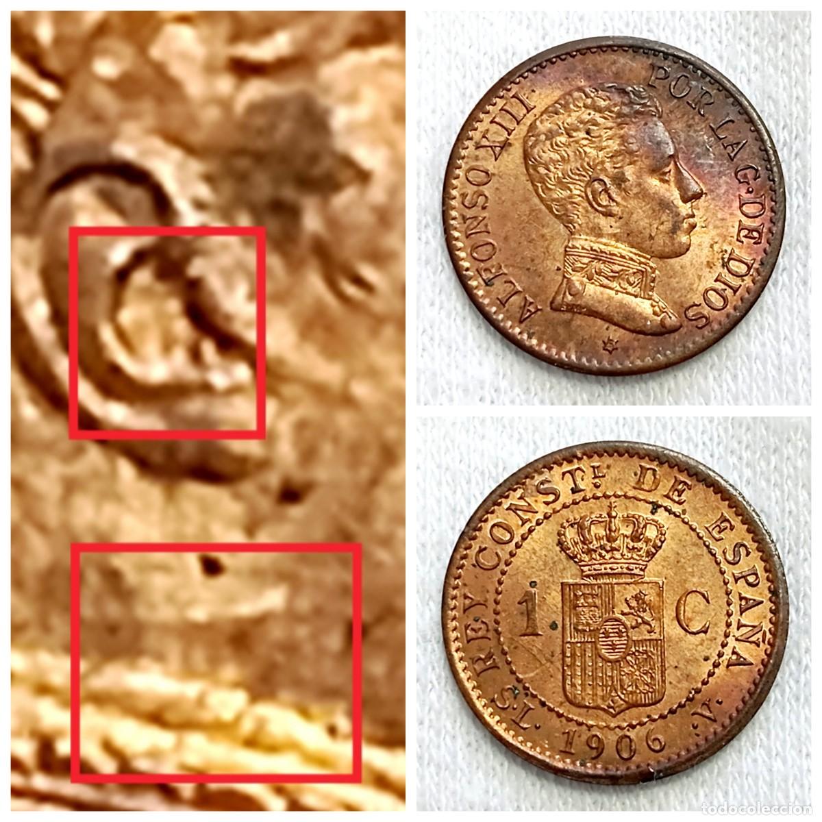 Monedas con errores: ⚜️ BBD5 2. Variante cuello y oreja rayada. Espa&ntilde;a. 1 c&eacute;ntimo 1906 *6 SL V