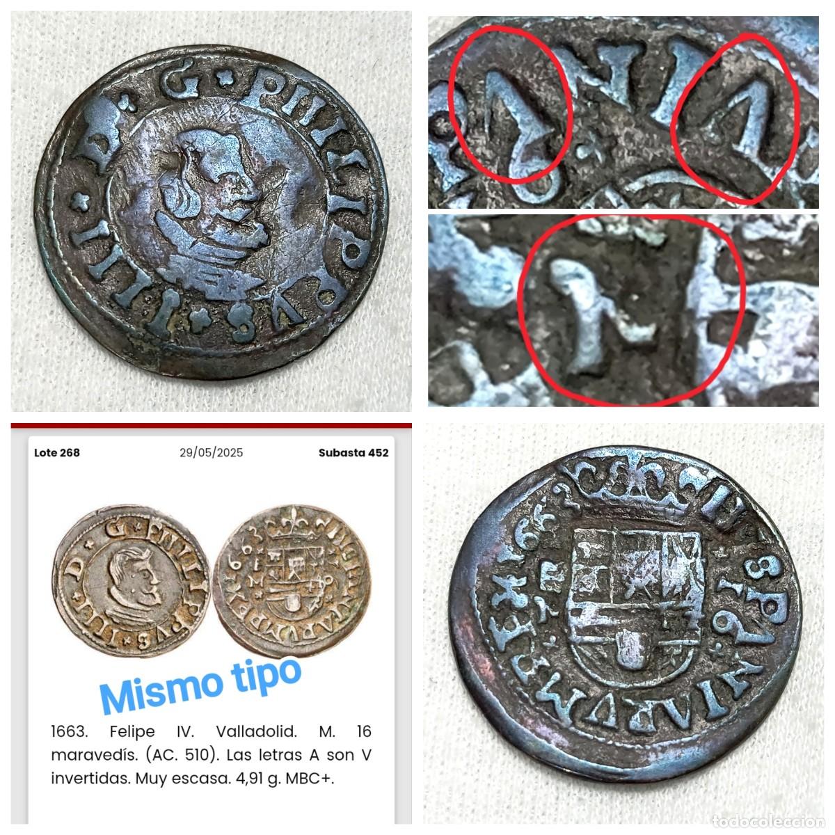 Monedas con errores: ⚜️ BBE0 0. MUY ESCASA. 1663. Felipe IV. Valladolid. M. 16 maraved&iacute;s. (AC. 510). Ver descripci&oacute;n