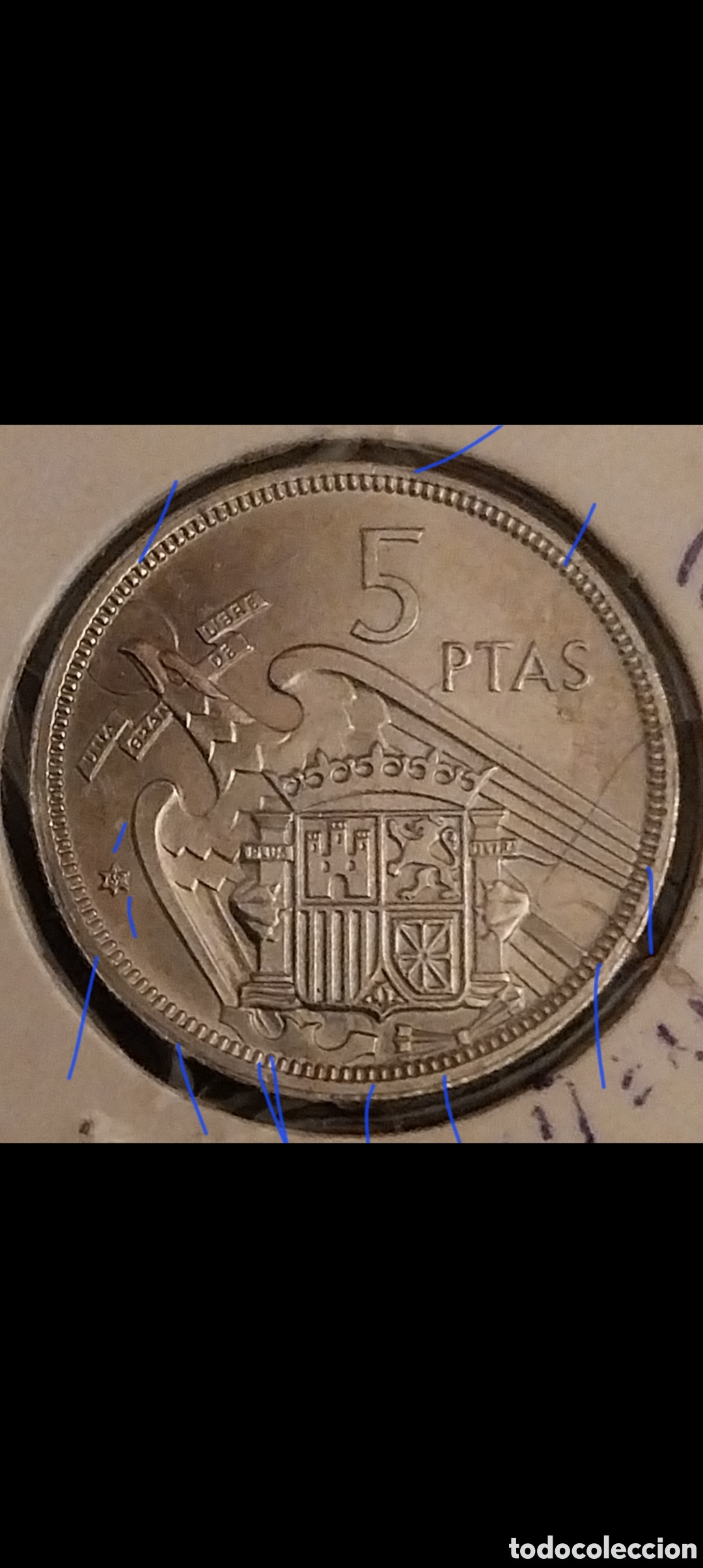 Monedas con errores: Duro 5 Pesetas 1957*69 FDC Palo Recto Error Listel Desplazado L&iacute;neas Flujo