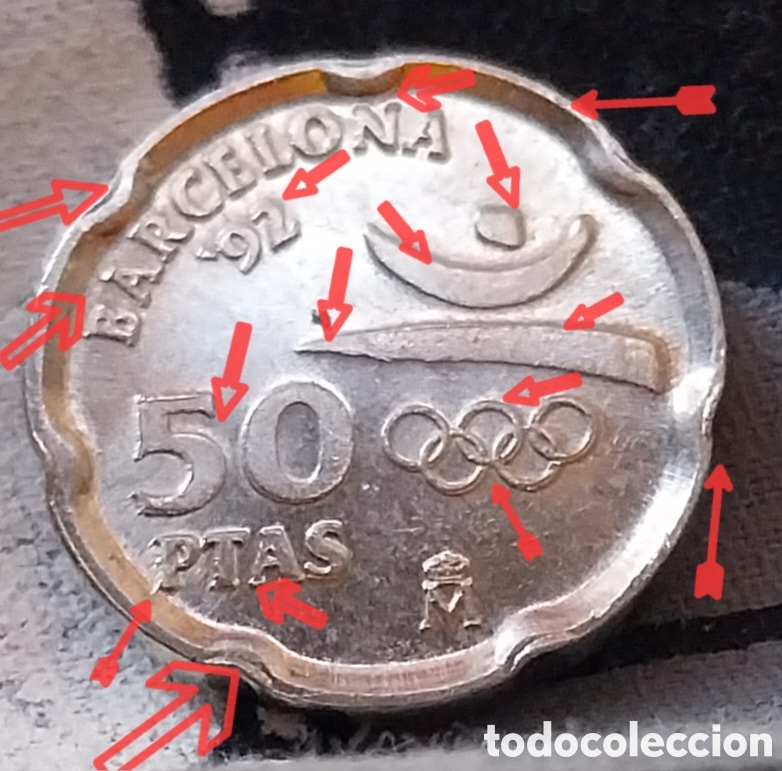 Monedas con errores: ​50 Pesetas 1992 Barcelona '92 &ndash; Magn&iacute;fico Error de Doble Acu&ntilde;aci&oacute;n (Repinte) &ndash; MBC + Brillo