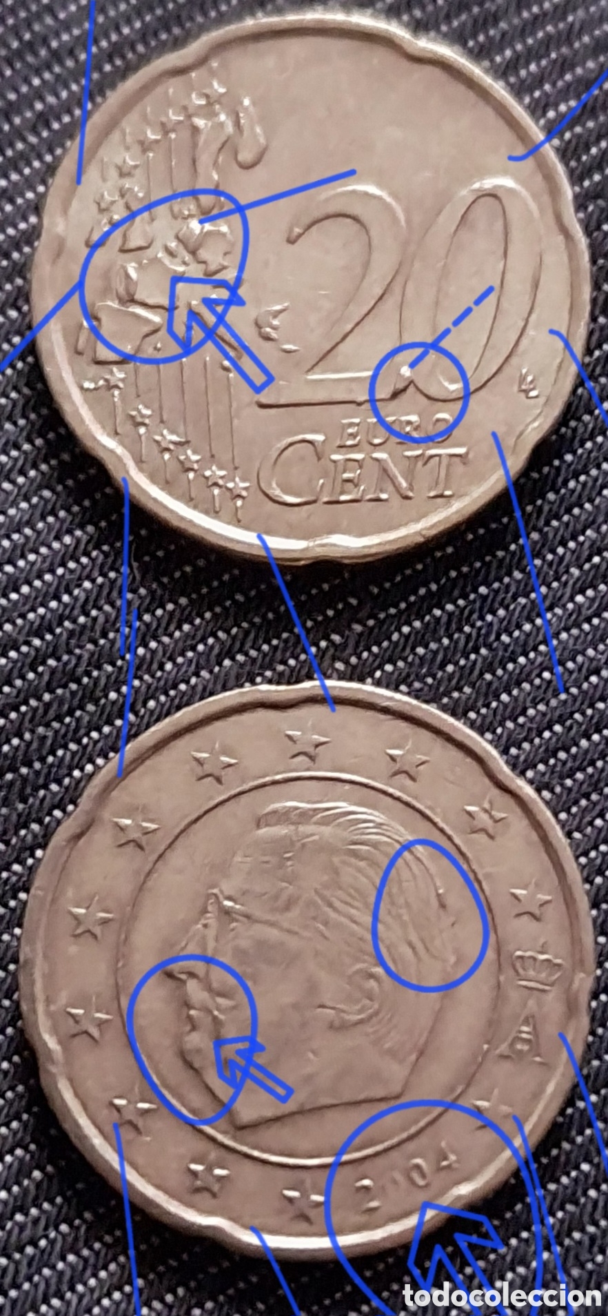 Monedas con errores: ​Lote Errores 20 C&eacute;ntimos B&eacute;lgica 2002-2004 Exceso Metal MBC