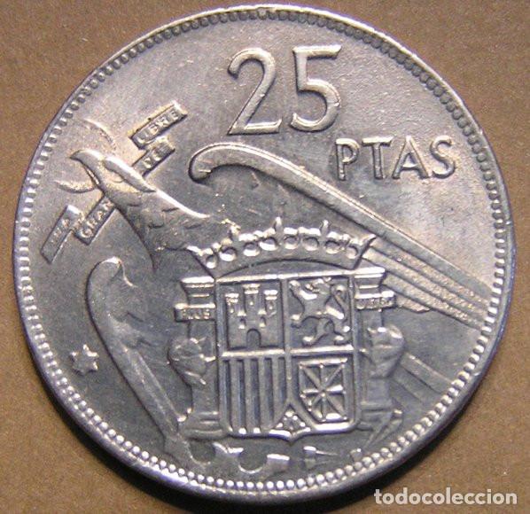 Monedas con errores: 25 PESETAS 1957 - VARIANTE FLOJA ACU&Ntilde;ACI&Oacute;N ESTRELLA Y PLUMAS DE LA IZQUIERDA DEL &Aacute;GUILA