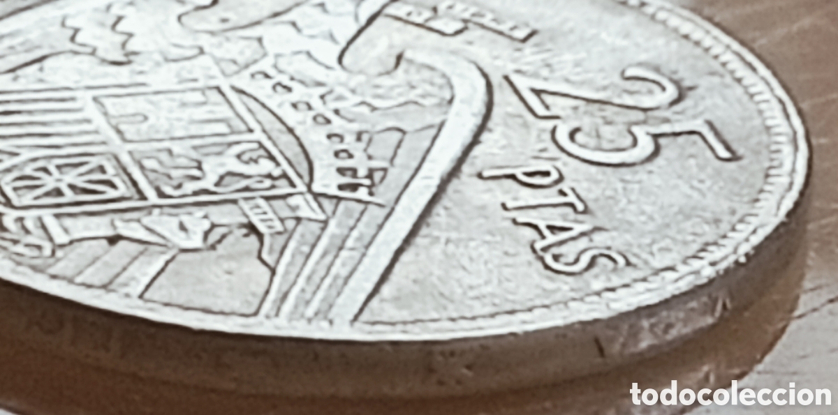 Monedas con errores: Moneda 25 pesetas(1957) variante de canto - Foto 26