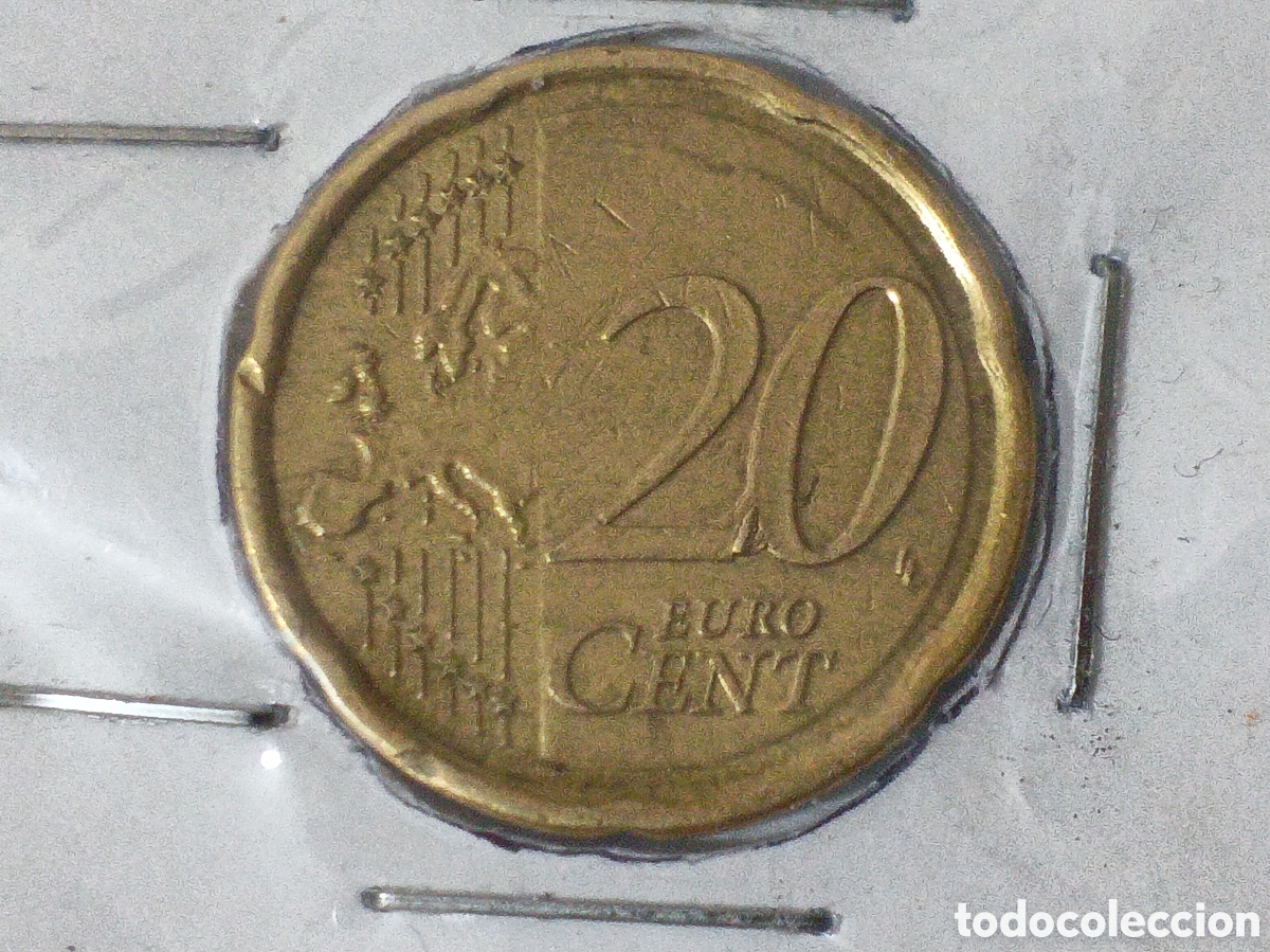 Monedas con errores: Moneda 20 cent B&eacute;lgica 2008 error de acu&ntilde;acion exceso de metal - Foto 1