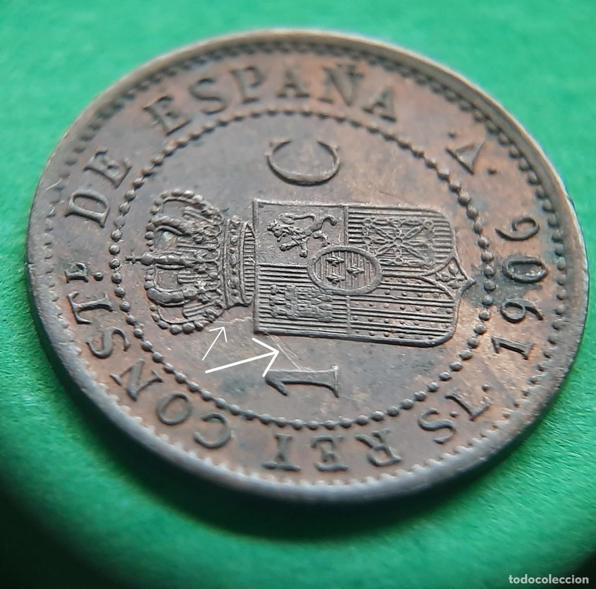 Monedas con errores: (ALFONSO XIII-ERROR)(1906*6) 1 C&Eacute;NTIMO CON REPINTE EN REVERSO - Foto 13