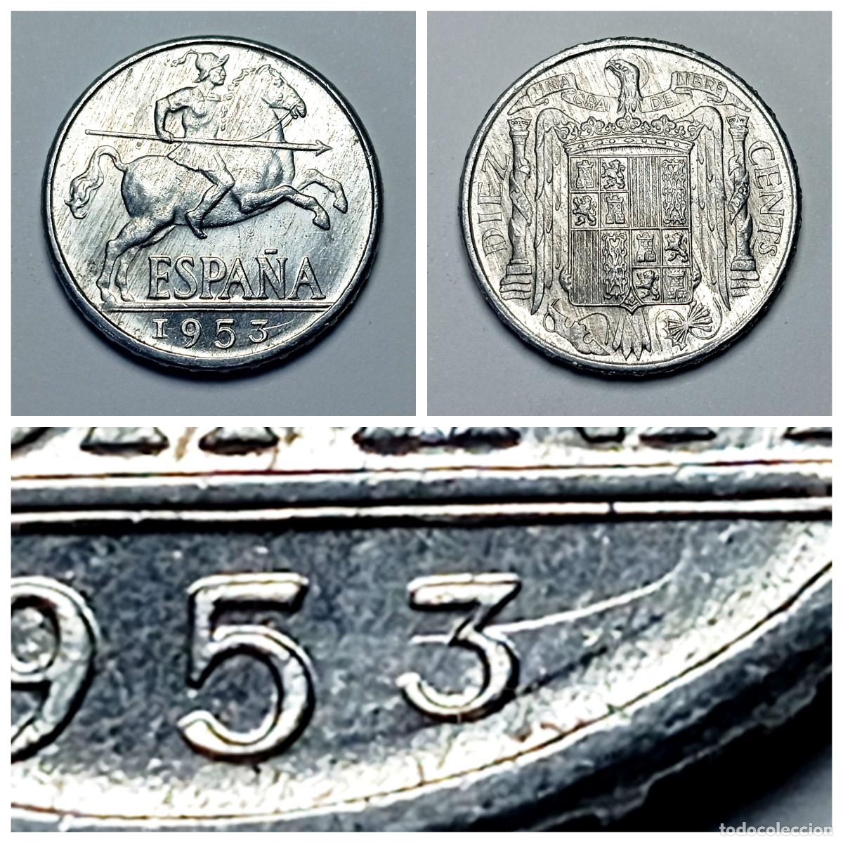 Monnaies avec erreurs: ⚜️ BBG3 3. Moneda 10 Centimos 1953 ERROR Repinte Banda Anverso Espa&ntilde;a Jinete Franco Numismatica Lote