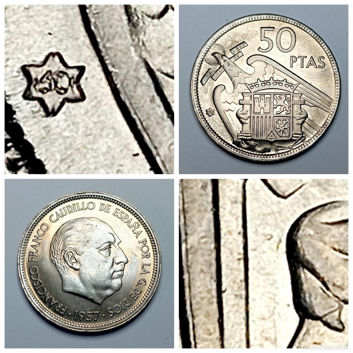 Monedas con errores: ⚜️ BBG3 7. Moneda 50 Pesetas *60 Doble Error Remarcada + Dos Plumas UNC Franco Niquel Rara Variantes