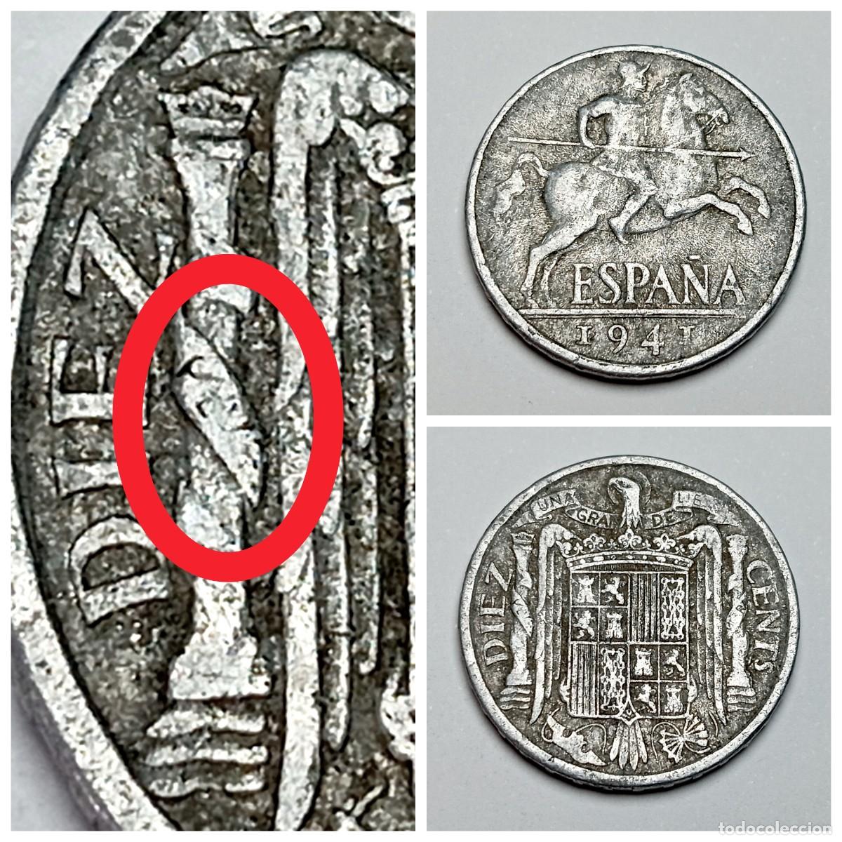 Monedas con errores: ⚜️ BBG4 9. Escasa variante PLVS en V Moneda 10 Centimos 1941 Espa&ntilde;a Jinete Iberico Numismatica