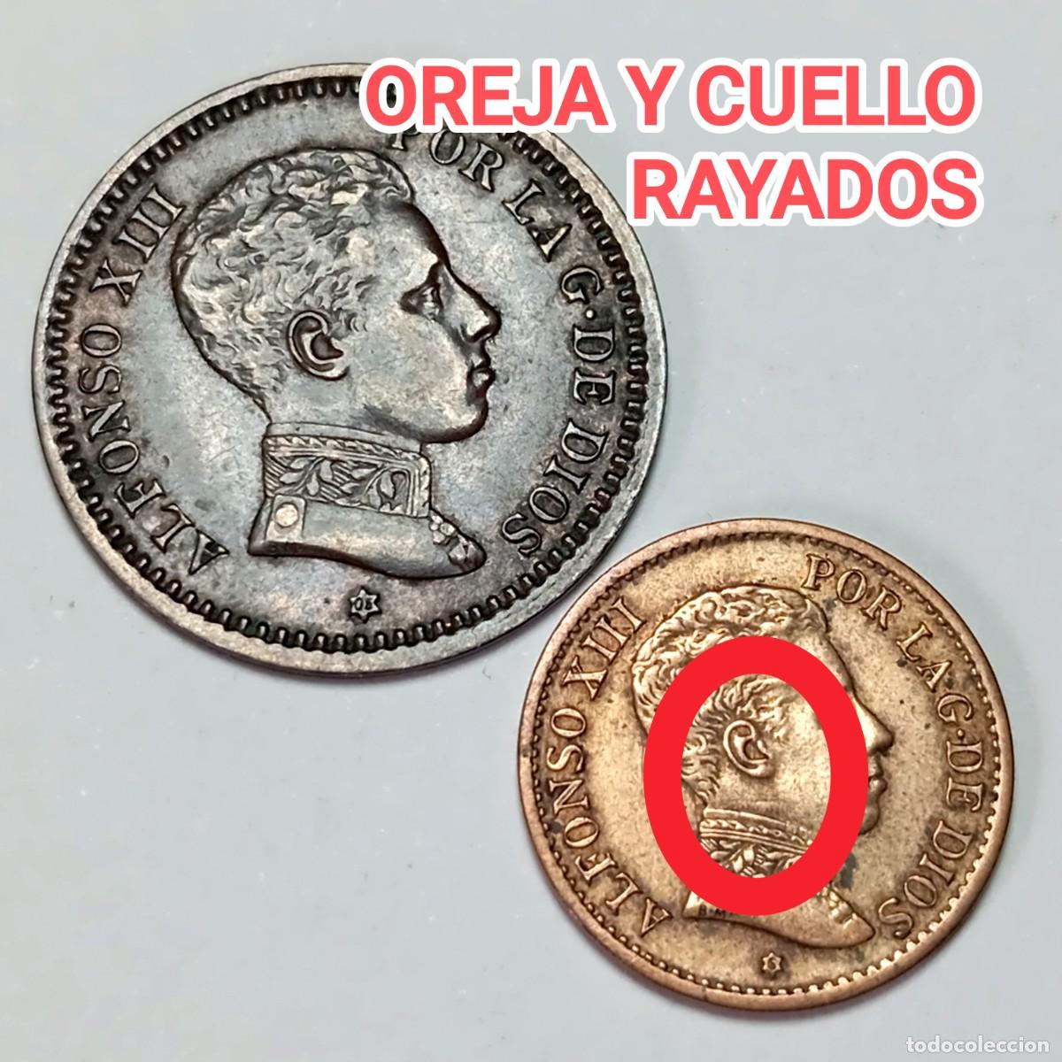 Monedas con errores: ⚜️ BBG4 4. Lote 2 Monedas Alfonso XIII 2 Cts 1905 *05 y 1 Ct 1906 *6 Variante Oreja y Cuello Rayados