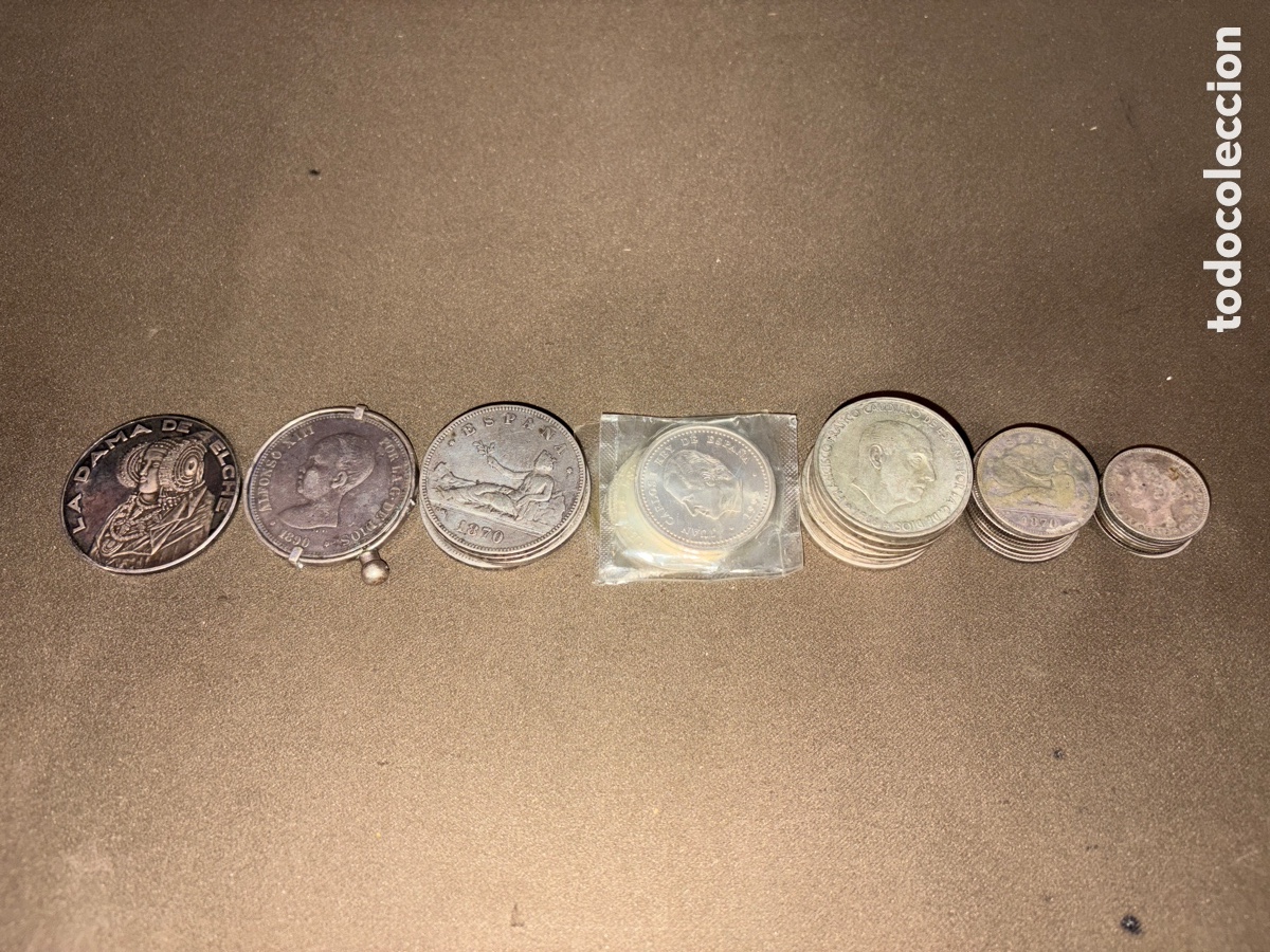Moedas com erros: Gran lote de 31 monedas de plata*duros,2000ptas,100ptas franco,2ptas,1ptas y moneda conmemorativa