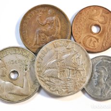 Monedas de España: LOTE DE 5 PIEZAS. 5 CÉNTIMOS 1937, 25 CÉNTIMOS 1925,1934 Y 1938 Y 50 CÉNTIMOS 1937*34. MBC +/EBC +.
