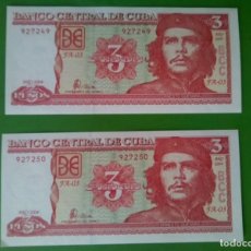 Monedas de España: CUBA 2 BILLETES DE 3 PESOS 2004 CORRELATIVOS , PLANCHA .---- S.C. DIFICIL. Lote 396595784