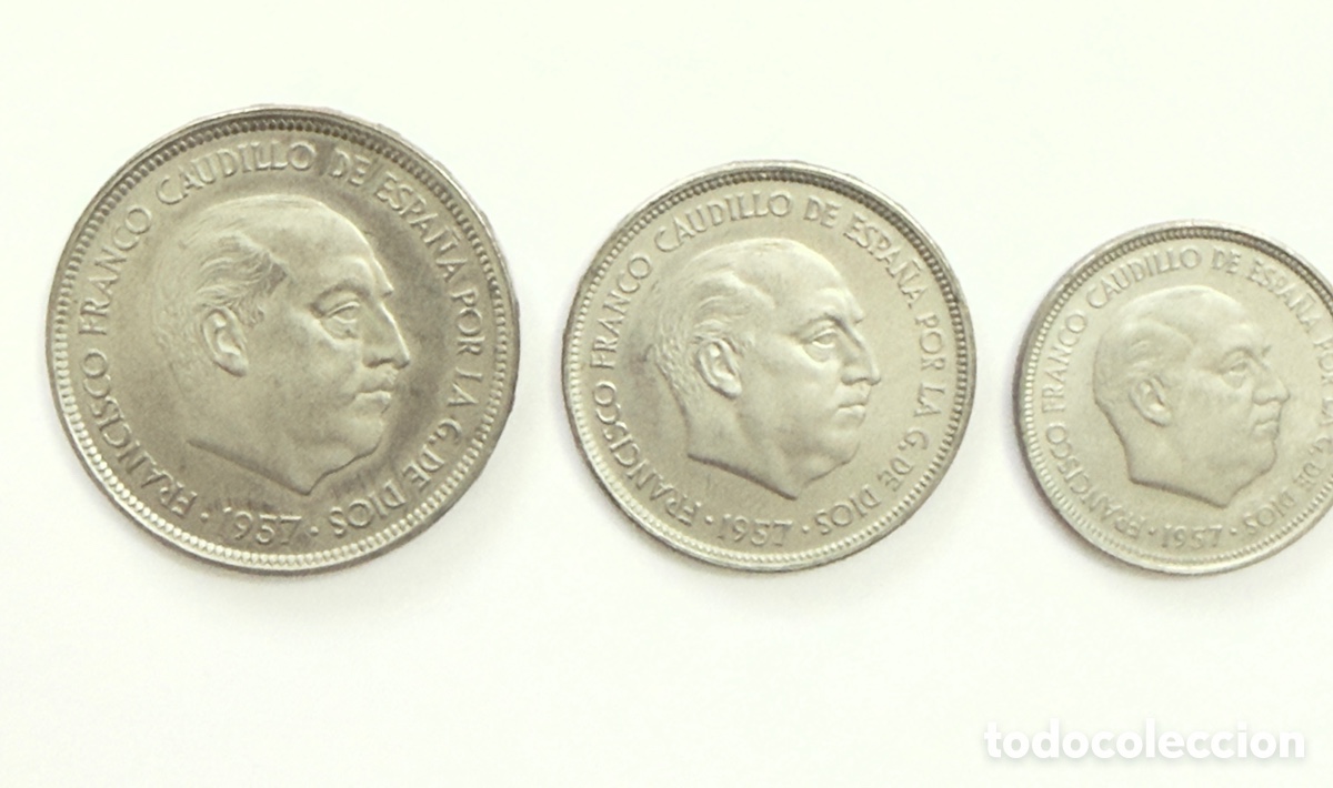 Monedas de Espa&ntilde;a: 5, 25 y 50 Pesetas 1957*72 Sin Circular &ndash; Lote Completo Franco &ndash; SC Brillo Original