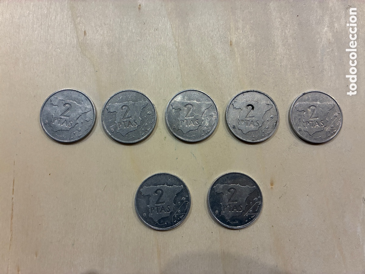 Monedas de Espa&ntilde;a: 2 pesetas de aluminio, 7 monedas
