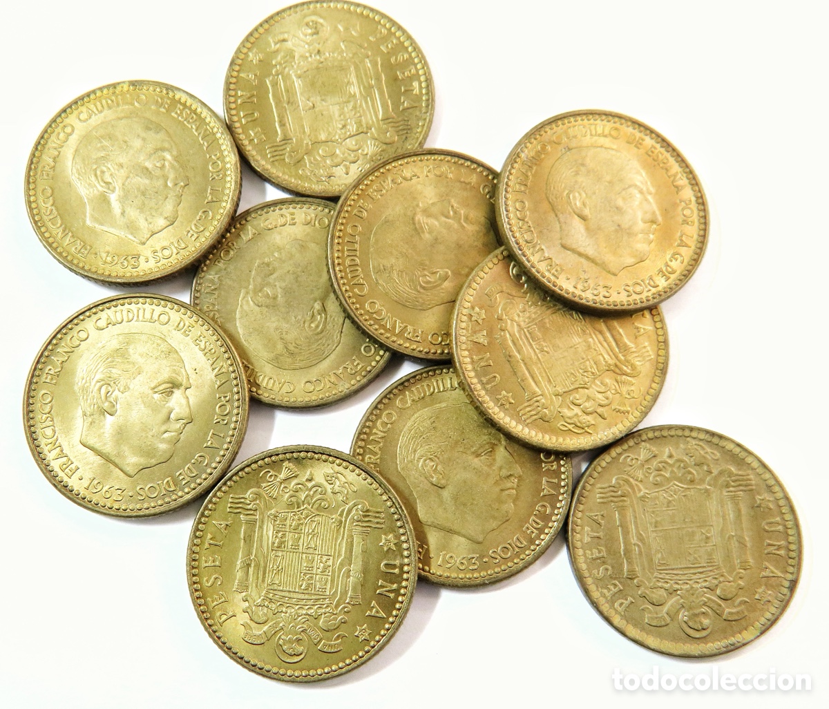 Monedas de Espa&ntilde;a: Lote 10 Monedas 1 Peseta 1963 *65 Sin Circular Franco SC