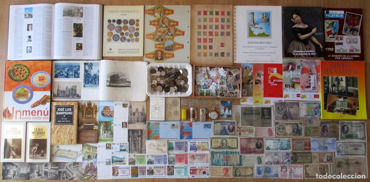 Monedas de Espa&ntilde;a: CAJA CON MONEDAS SELLOS, BILLETES, LIBROS, POSTALES, MECHEROS, RELOJ, SUBASTAS, VITOLAS. LOTE 0307