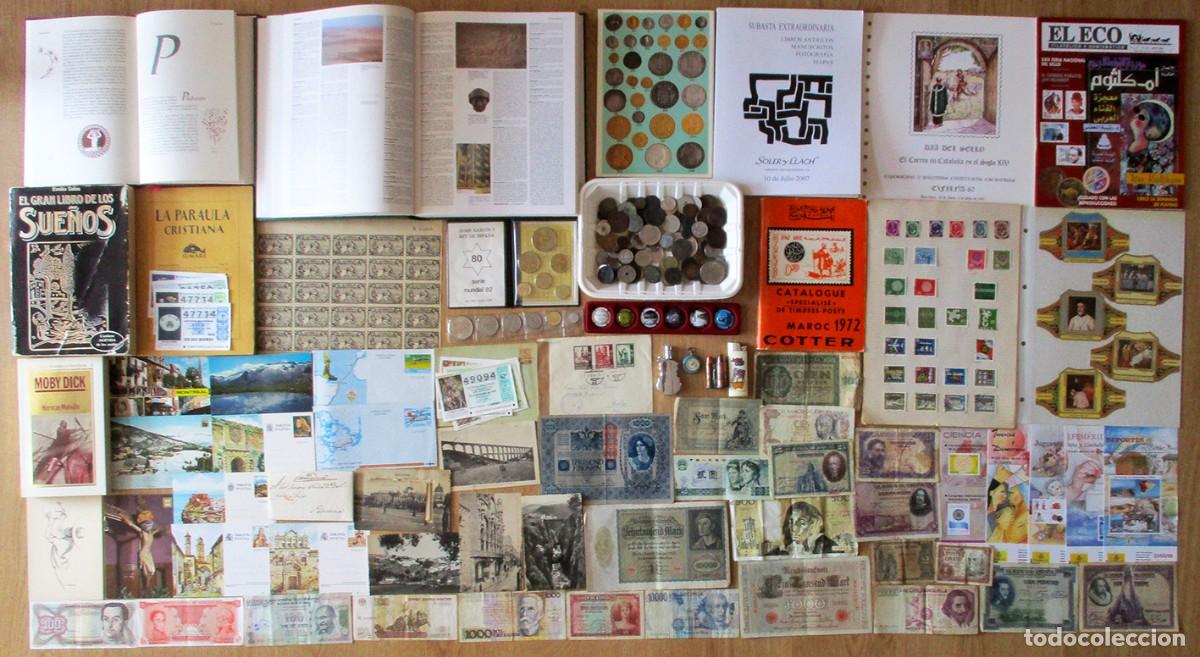Monedas de Espa&ntilde;a: CAJA CON MONEDAS SELLOS, BILLETES, LIBROS, POSTALES, MECHEROS, RELOJ, SUBASTAS, VITOLAS. LOTE 0308