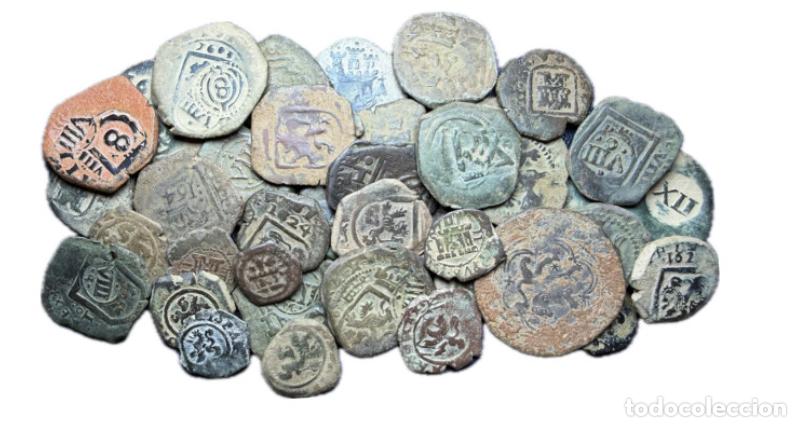 Monedas de Espa&ntilde;a: Lote 39 monedas Austrias y Borbones. Gran variedd de valores, resellos, cecas y fechas.