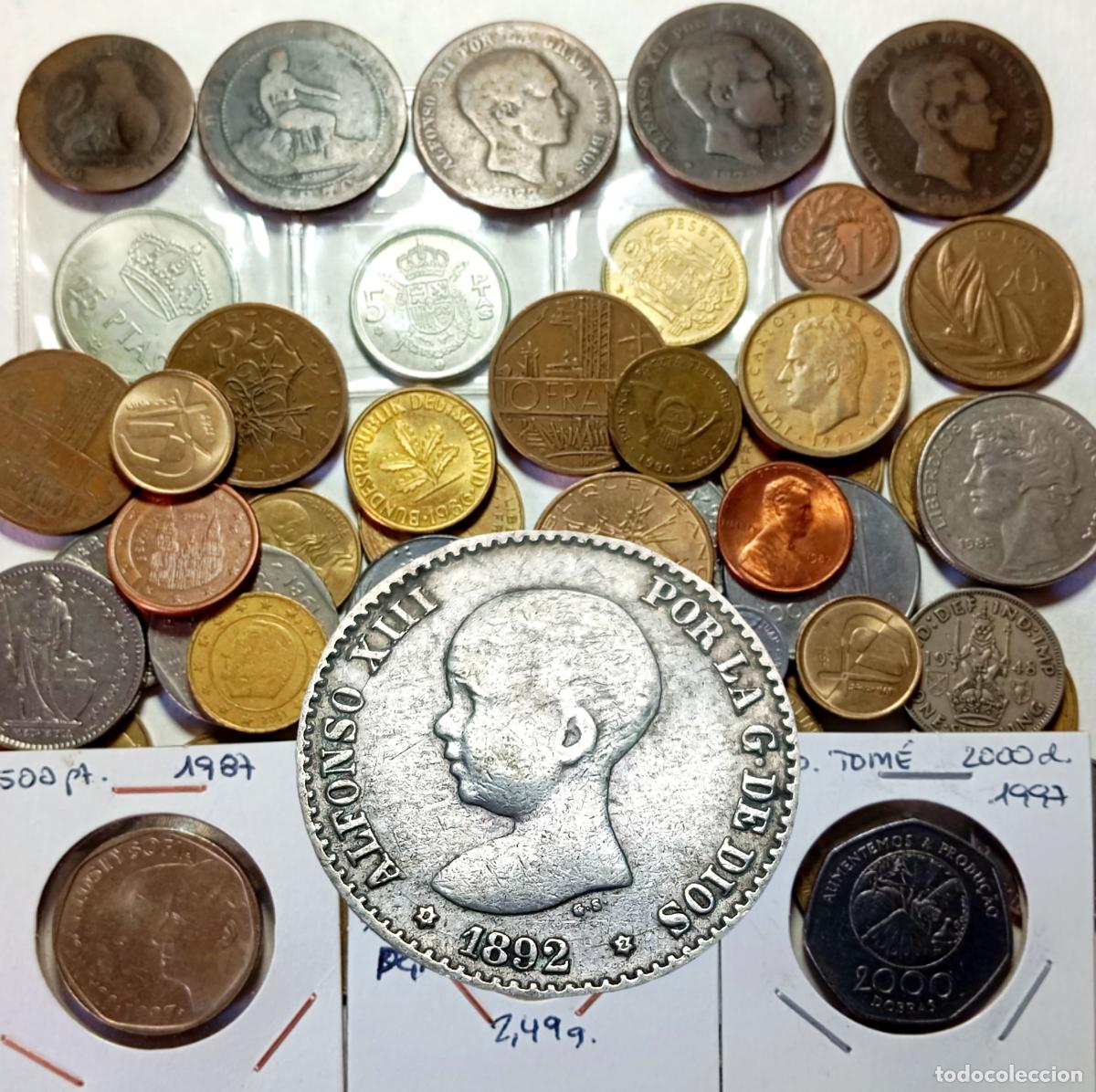 Monedas de Espa&ntilde;a: ⚜️ C001. Plata (1). Lote de 50 monedas. Incluye 50 c&eacute;ntimos Alfonso XIII 1892, mundiales y Espa&ntilde;a