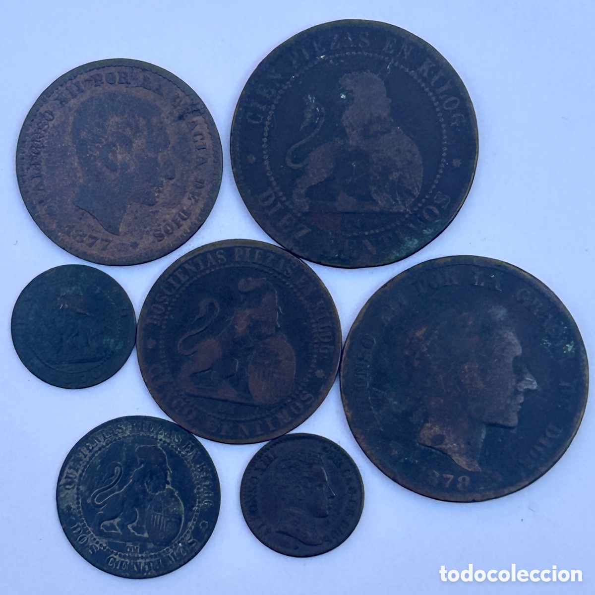 Coins of Spain: Lote c&eacute;ntimos Gobierno Provisional y Alfonso XII (1, 2, 5 y 10 c&eacute;ntimos. 7 piezas)