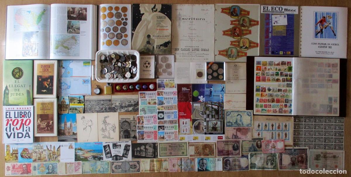 Monedas de Espa&ntilde;a: CAJA CON MONEDAS SELLOS, BILLETES, LIBROS, POSTALES, MECHEROS, RELOJ, SUBASTAS, VITOLAS. LOTE 0309