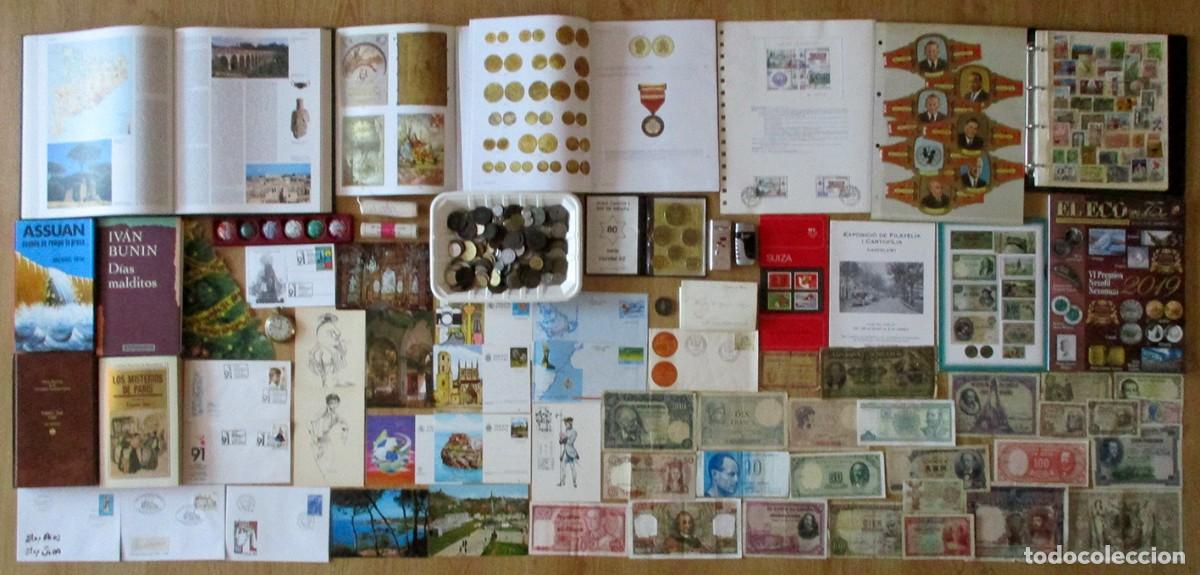 Monedas de Espa&ntilde;a: CAJA CON MONEDAS SELLOS, BILLETES, LIBROS, POSTALES, MECHEROS, RELOJ, SUBASTAS, VITOLAS. LOTE 0310