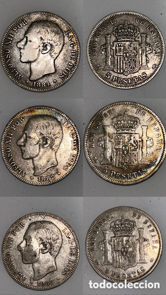 Monedas de Espa&ntilde;a: ote de 5 monedas de 5 Pesetas de Plata Alfonso XII (1881, 1882, 1882, 1883 y 1884) &ndash; Originales