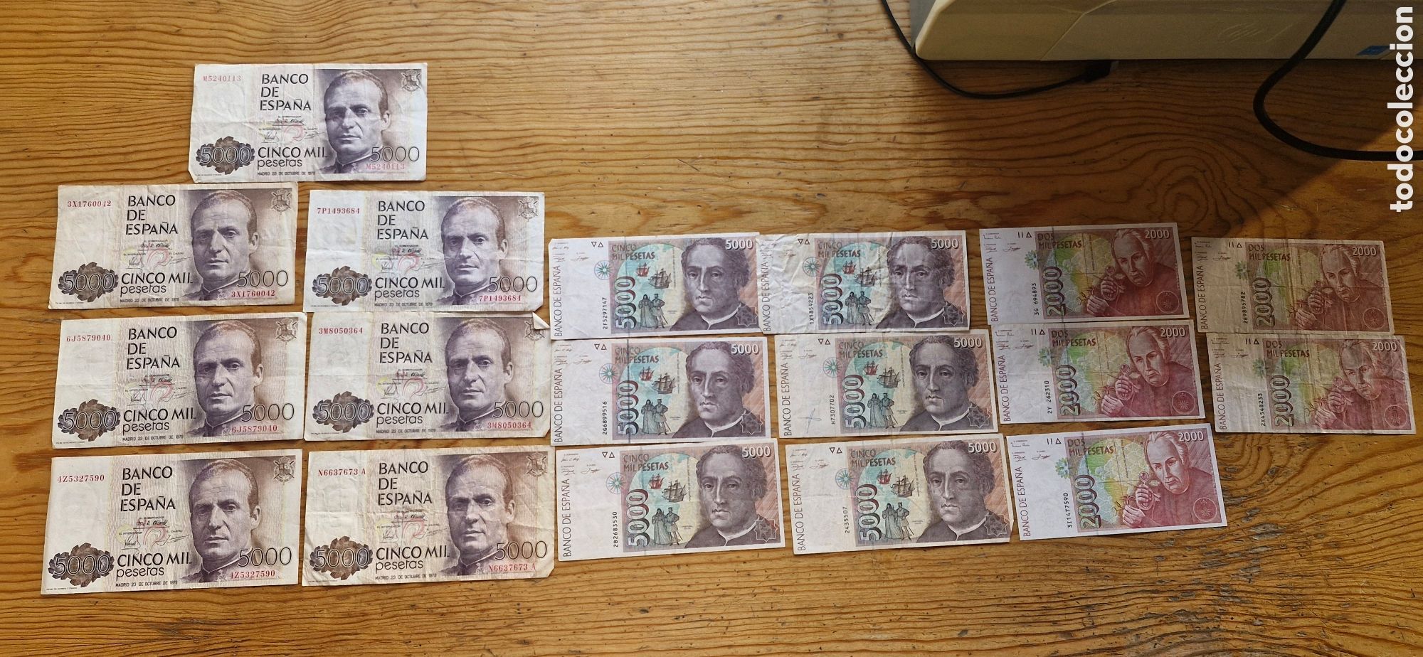 Monedas de Espa&ntilde;a: Lote 75.000 pesetas Espa&ntilde;a &ndash; 13 billetes 5.000 ptas + 5 billetes 2.000 ptas &ndash; circulados