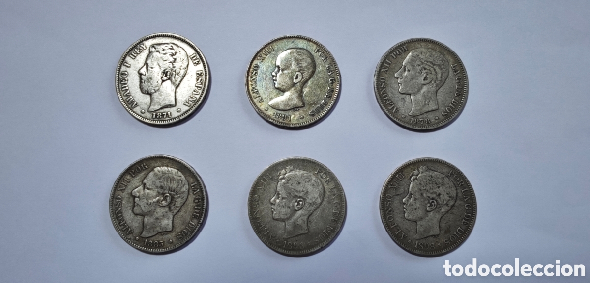 Coins of Spain: Colecci&oacute;n de Monedas: 6 Duros de Alfonso XII, XIIII y Amadeo de Saboya de plata de Ley (25 g /pieza)