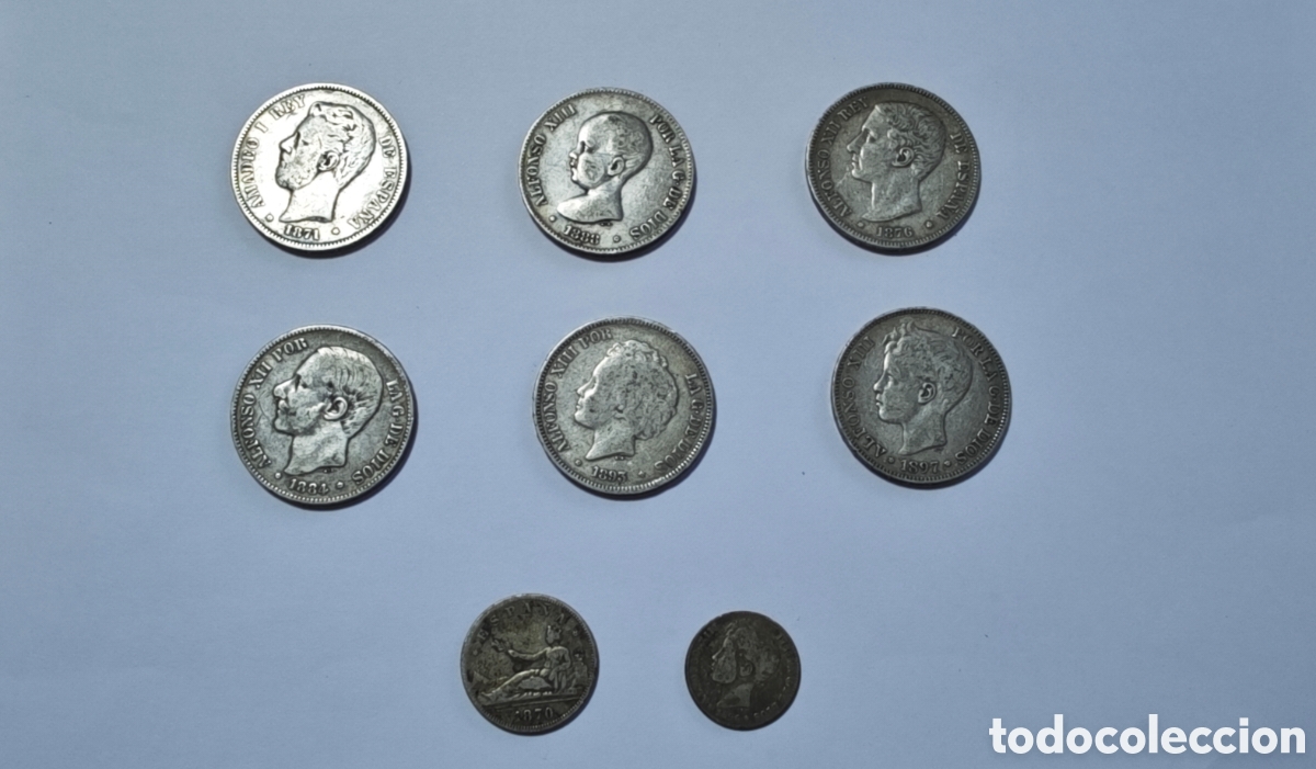 M&uuml;nzen von Spanien: Lote 8 Monedas Plata Peseta 1870-1898 Amadeo I Alfonso XIII Pelon Hispania 2 Ptas