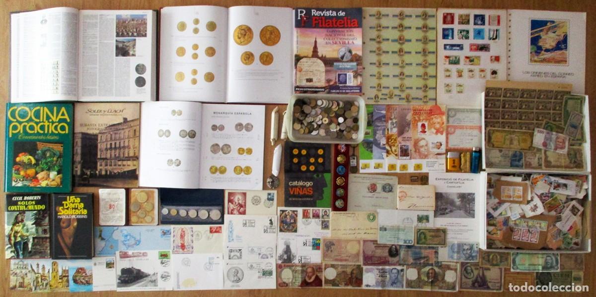 Monedas de Espa&ntilde;a: CAJA CON MONEDAS SELLOS, BILLETES, LIBROS, POSTALES, MECHEROS, VITOLAS, SUBASTAS, VI&Ntilde;ETAS. LOTE 0311