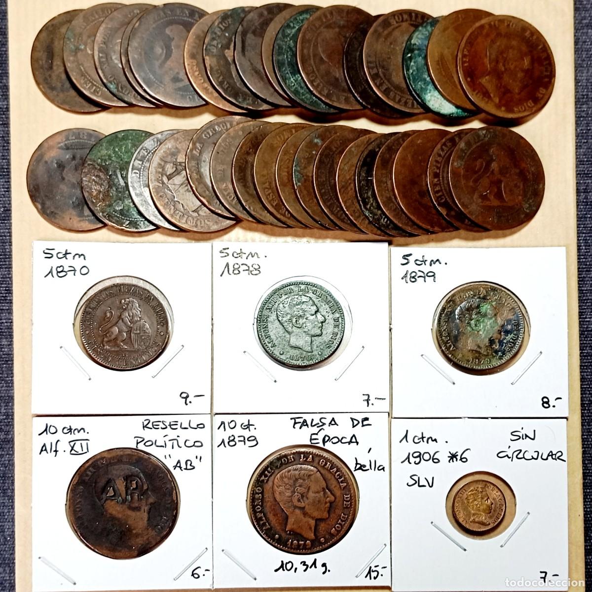Monedas de Espa&ntilde;a: Lote 39 Monedas Espa&ntilde;olas de Cobre 6 Encartonadas con Ficha y Precio + 33 al Peso