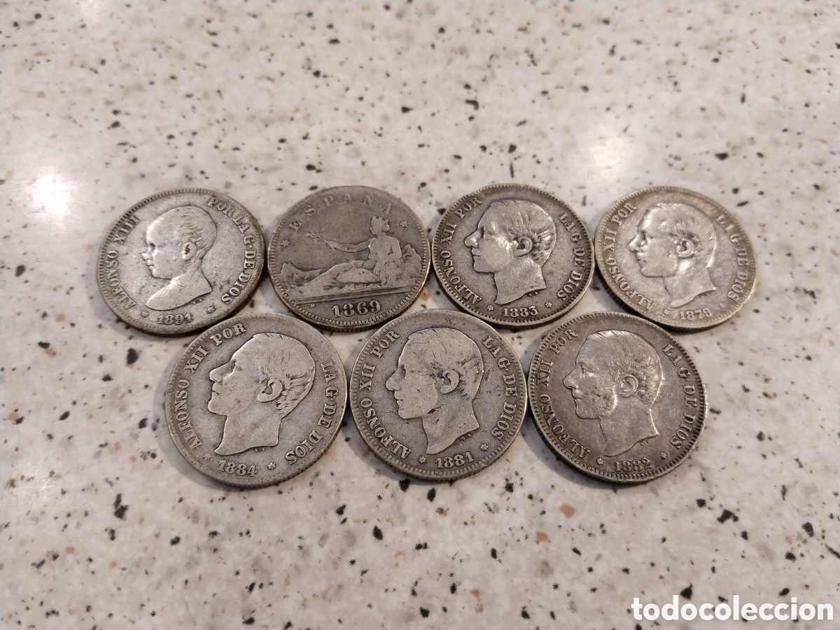 Monedas de Espa&ntilde;a: Lote de 7 Monedas de 2 Pesetas en Plata. Diferentes A&ntilde;os
