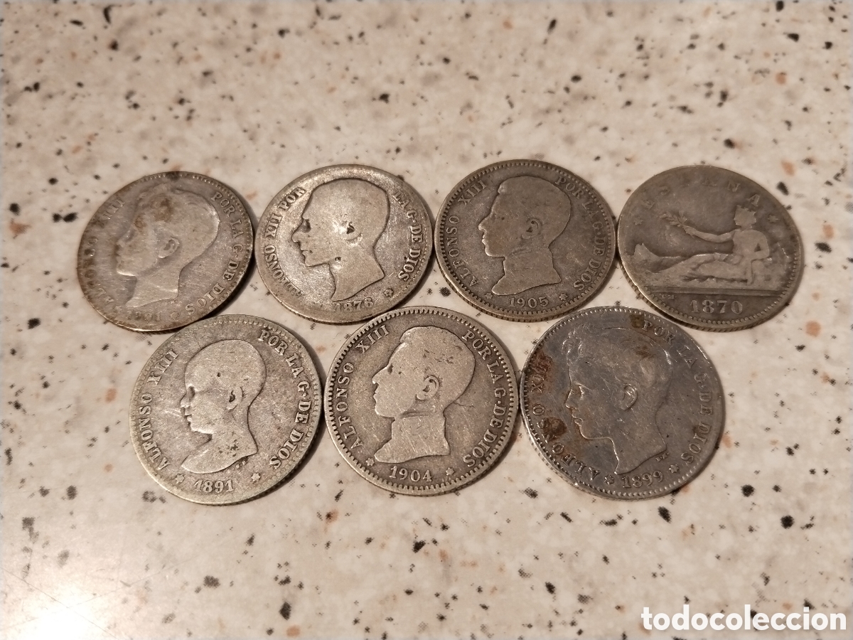 Monedas de Espa&ntilde;a: Lote de 7 Monedas de 1 Peseta en Plata. Diferentes A&ntilde;os