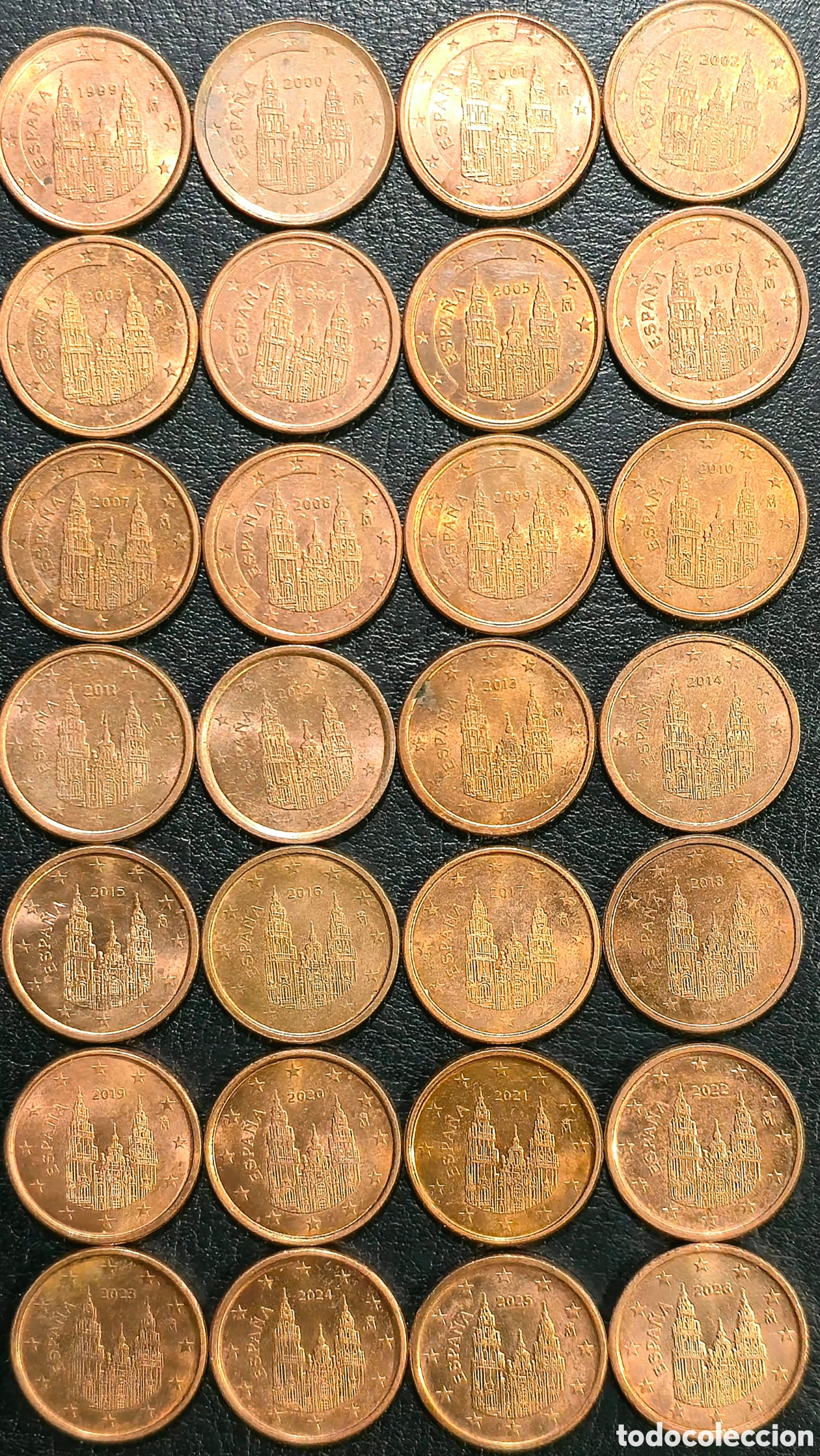 Coins of Spain: Serie Completa 1 C&eacute;ntimo Espa&ntilde;a (1999&ndash;2026) &ndash; 28 Monedas en Hoja Pardo &ndash; Alta Conservaci&oacute;n