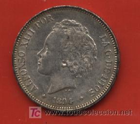 Moedas de Espanha: 5 Pesetas 1.894, Plata - Alfonso XIII - Pelo Rizado - * 94