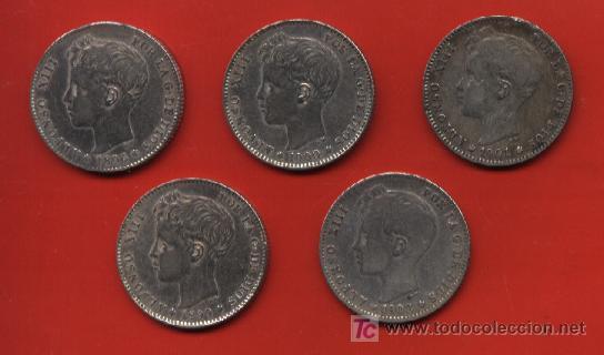 Moedas de Espanha: Monedas de Colecci&oacute;n  - Lote de Cinco Monedas de 1 Peseta de Plata; Mirar m&aacute;s datos en Descripci&oacute;n.