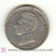 Monedas de España: MUY RARA PESETA 1905 BUSTO ALMIRANTE ALFONSO XIII CON ESTRELLAS ACUÑACIÓN DE SÓLO 491818 PIEZAS.. Lote 24147259