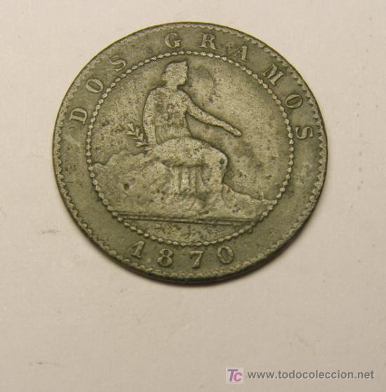 Moedas de Espanha: 2 c&eacute;ntimos, Gobierno provisional 1&ordf; Rep&uacute;blica, a&ntilde;o 1870.