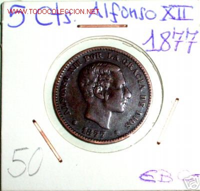Monedas de Espa&ntilde;a: 5 CENTIMOS 1877 ALFONSO XII (EBC) - Foto 1