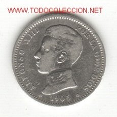 Monedas de España: MUY RARA PESETA 1905 BUSTO ALMIRANTE ALFONSO XIII CON ESTRELLAS ACUÑACIÓN DE SÓLO 491818 PIEZAS.. Lote 25518552