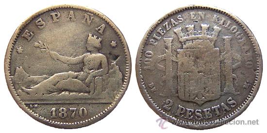 Monnaies d'Espagne: *** MUY RARAS 2 PESETAS DE LA 1&ordf; REPUBLICA 1870. FALSA DE EPOCA EN PLATA BAJA ***